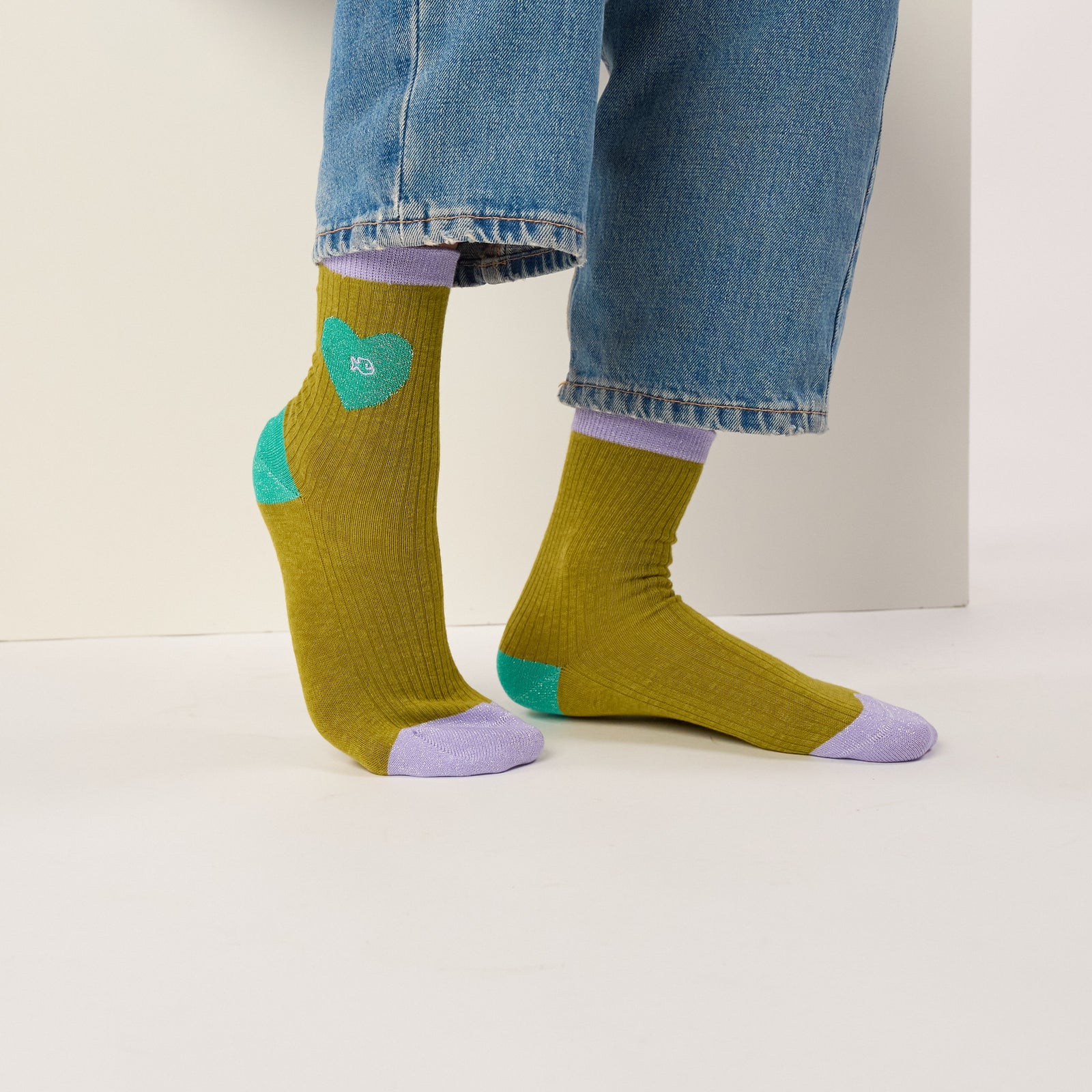 Chaussettes coeur en coton peigné - Vert olive