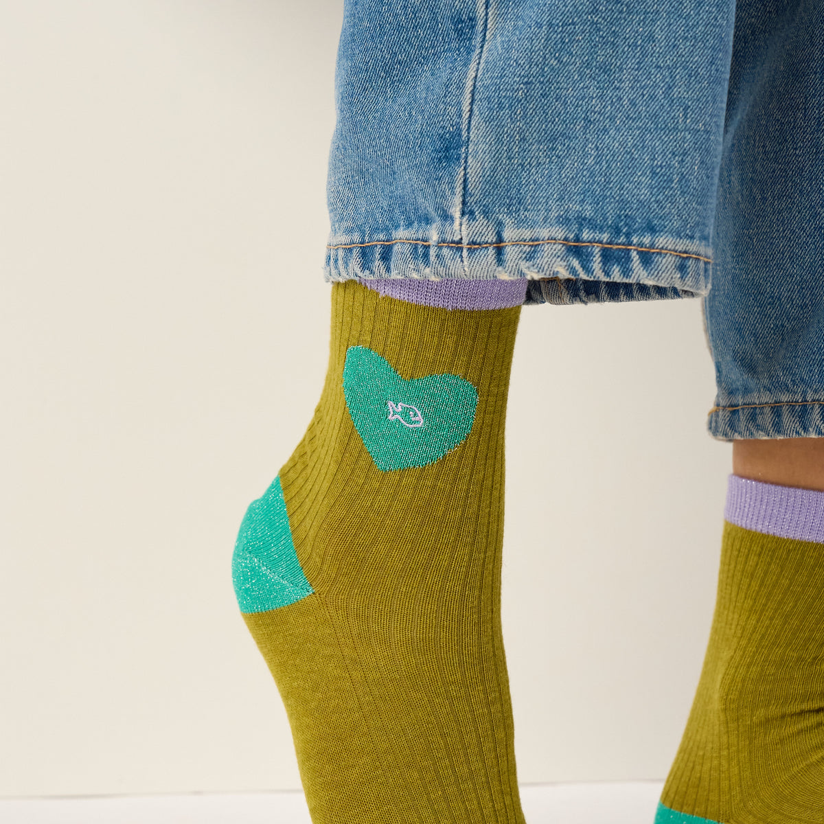 Chaussettes coeur en coton peigné - Vert olive