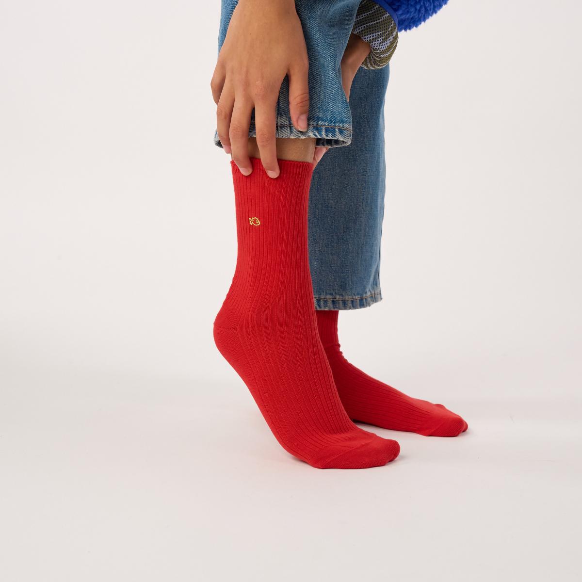 Chaussettes unies en coton peigné - Rouge