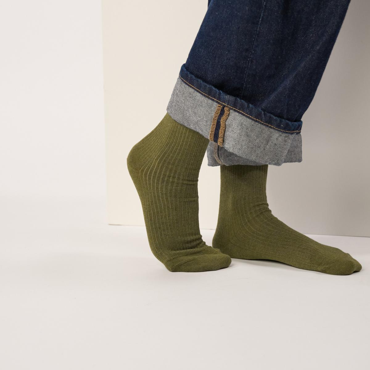 Chaussettes unies en coton peigné - Kaki - Vert