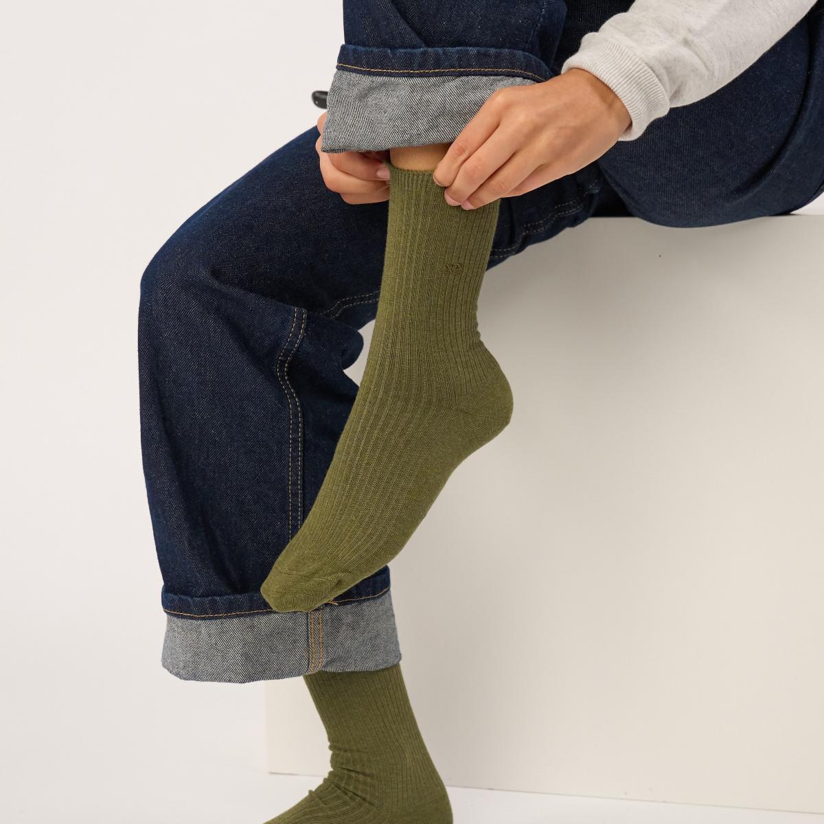 Chaussettes unies en coton peigné - Kaki - Vert