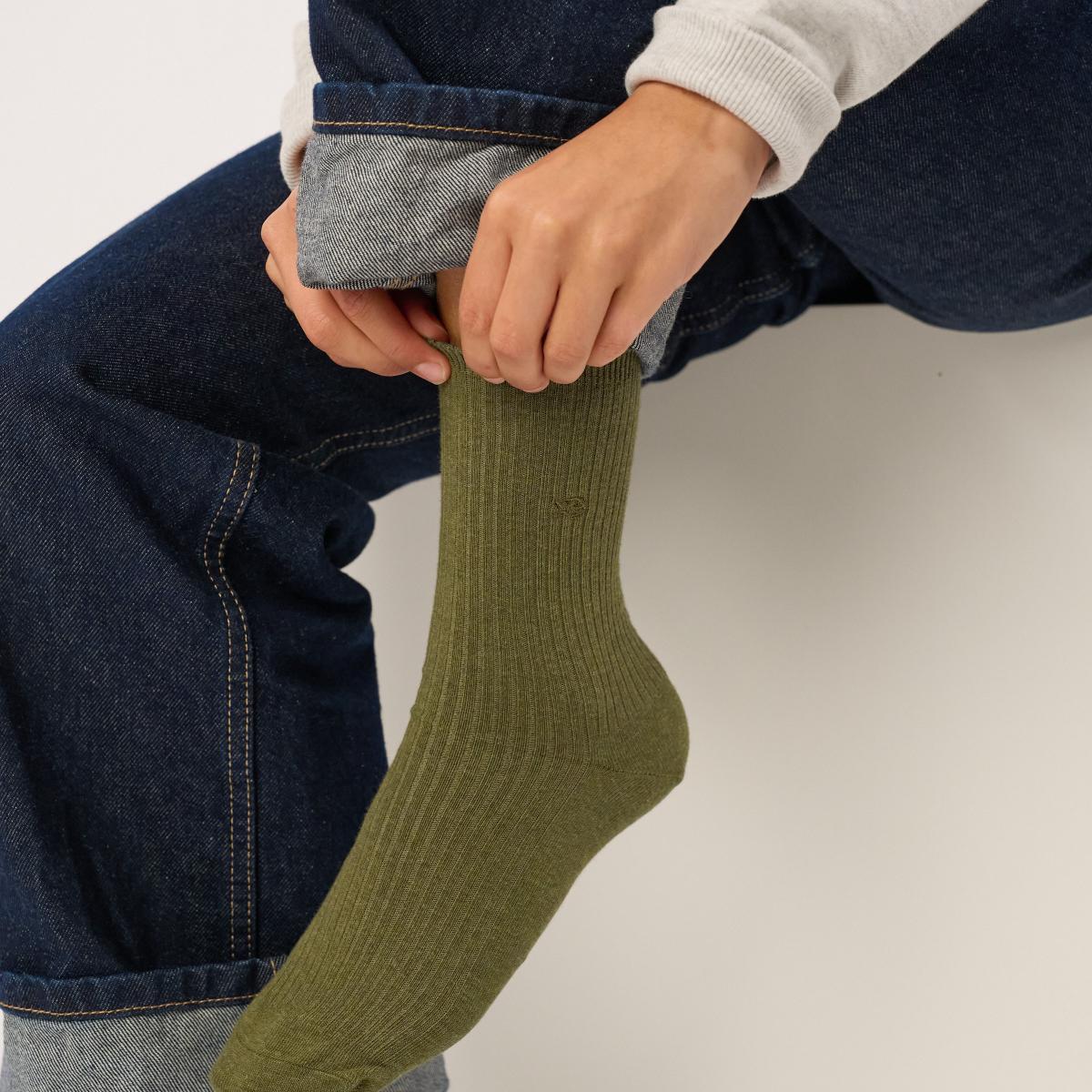 Chaussettes unies en coton peigné - Kaki - Vert