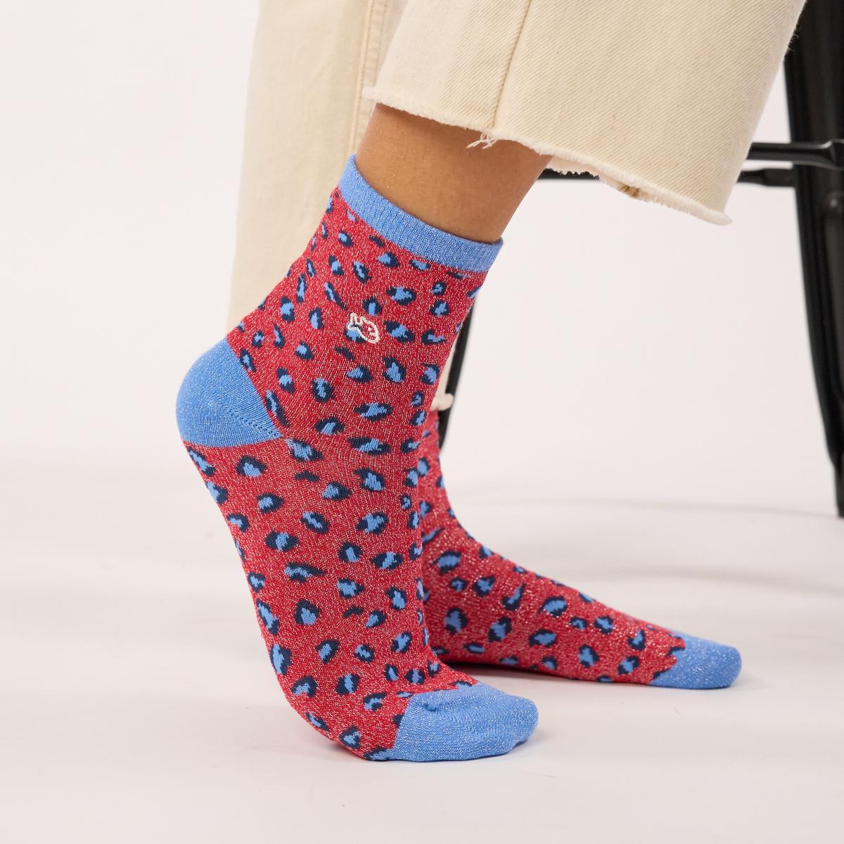 Chaussettes animaux en coton peigné - Léopard, rouge