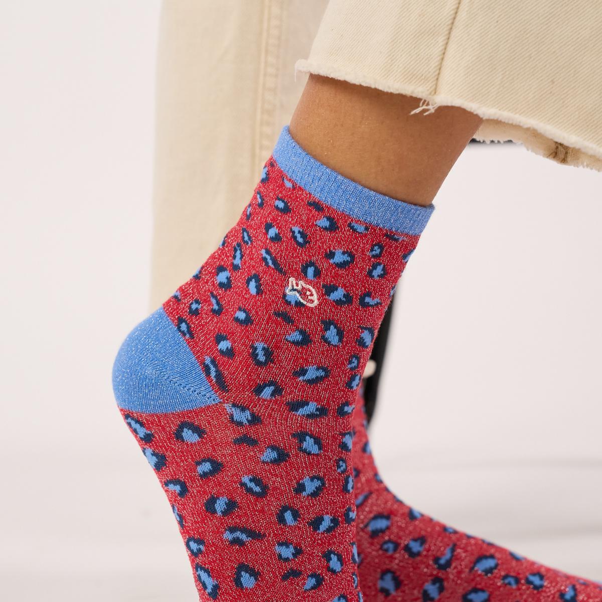 Chaussettes animaux en coton peigné - Léopard, rouge