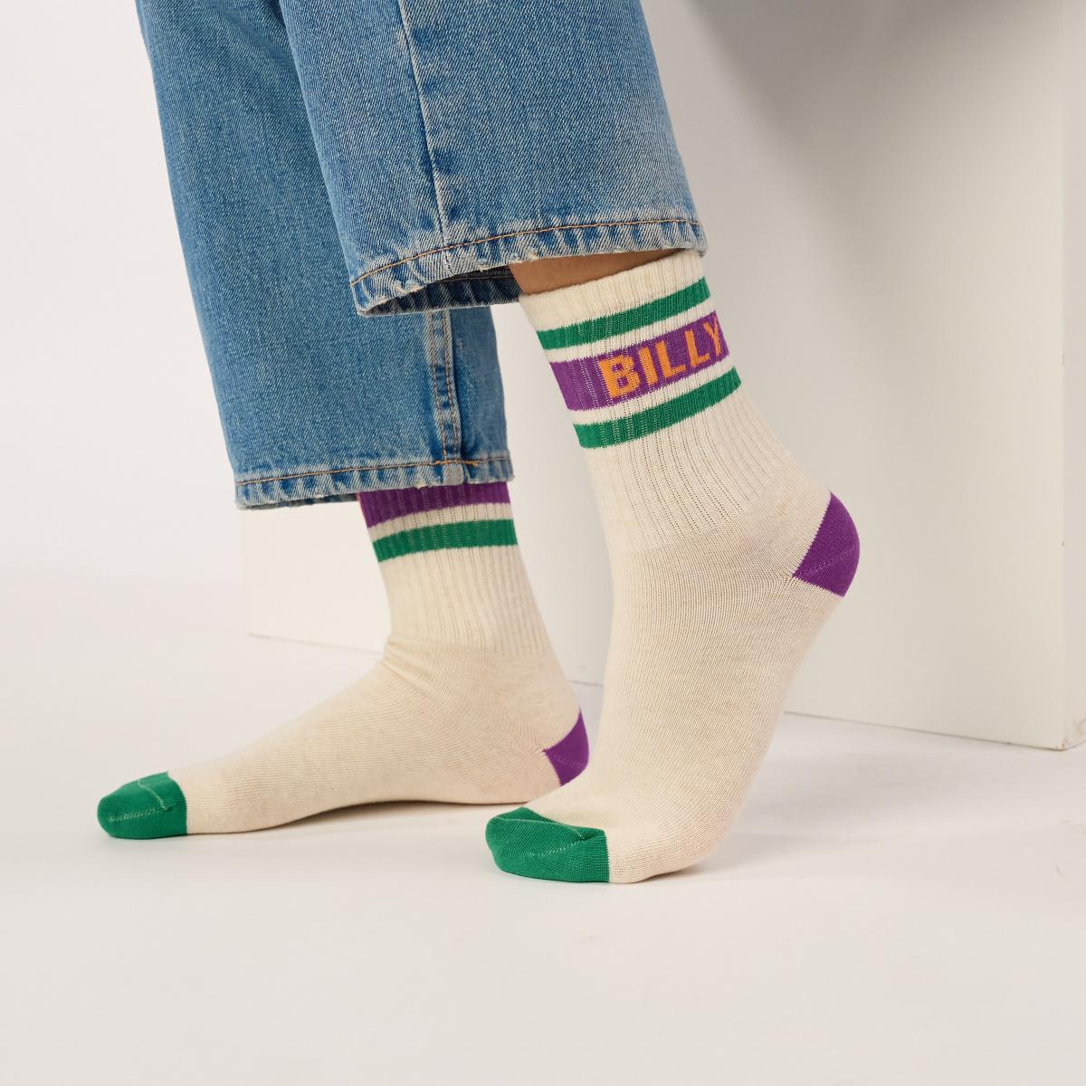 Chaussettes rétro en coton Tennis - Ecru et violet - Beige