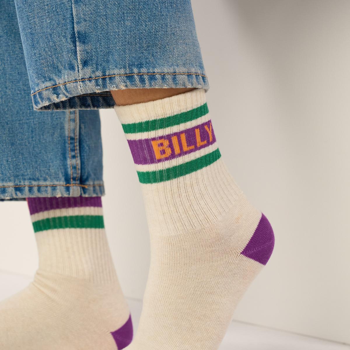 Chaussettes rétro en coton Tennis - Ecru et violet - Beige