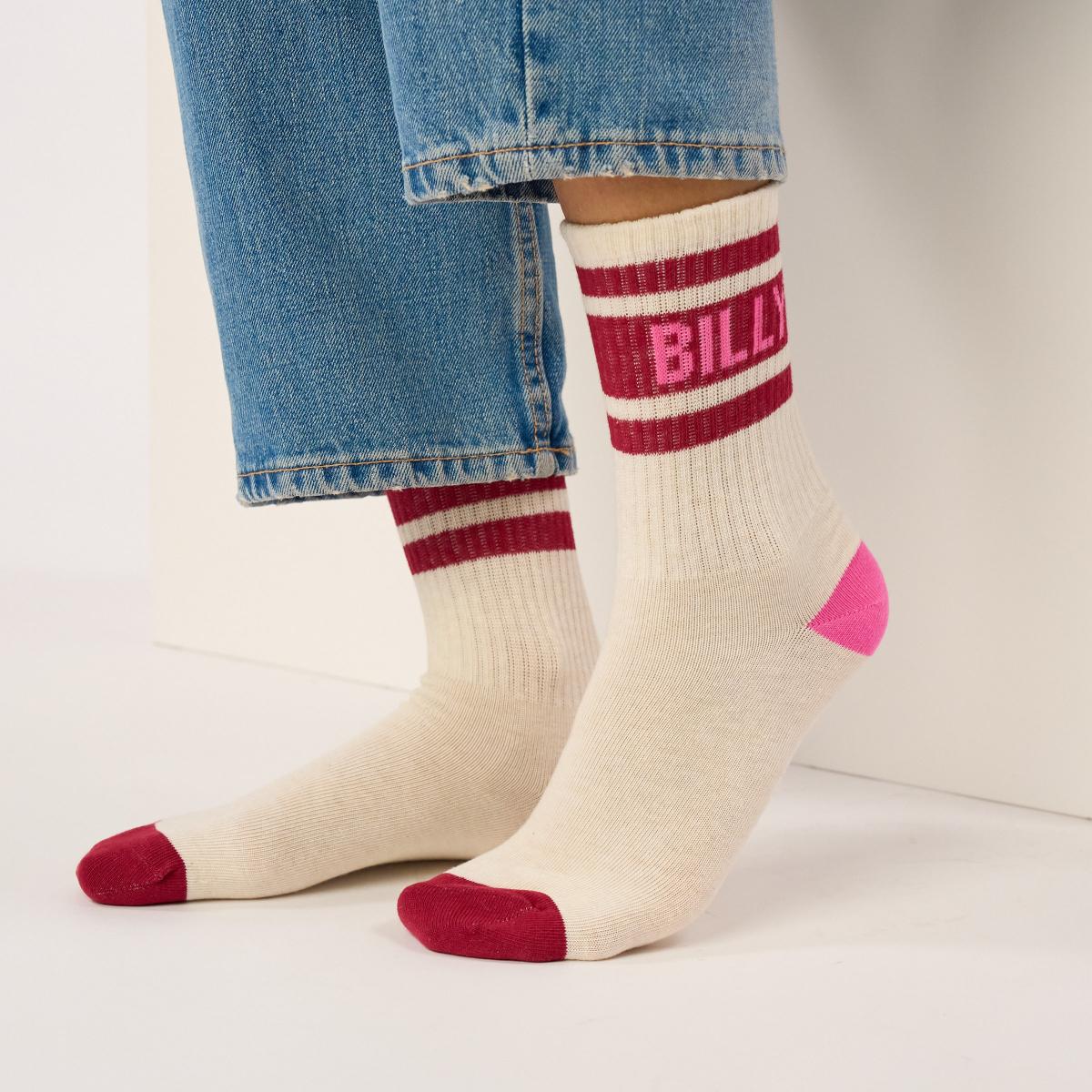 Chaussettes rétro en coton Tennis - Ecru et bordeaux - Beige