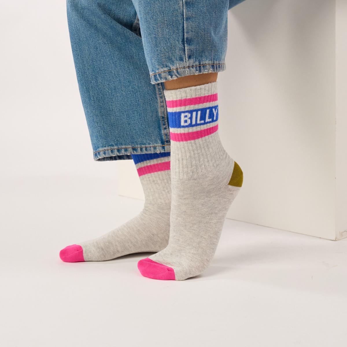 Chaussettes rétro en coton Tennis - Gris clair chiné et bleu