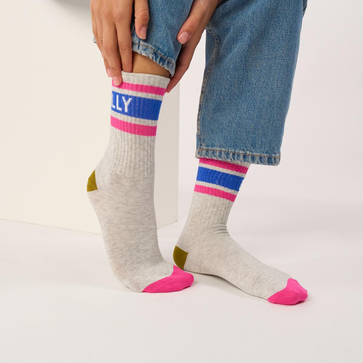 Chaussettes rétro en coton Tennis - Gris clair chiné et bleu