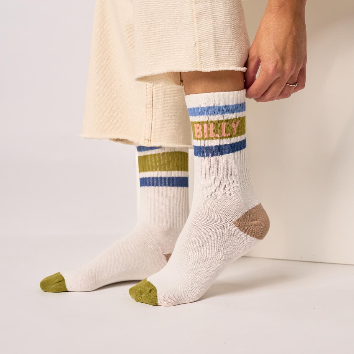 Chaussettes rétro en coton Tennis - Ecru et kaki - Beige