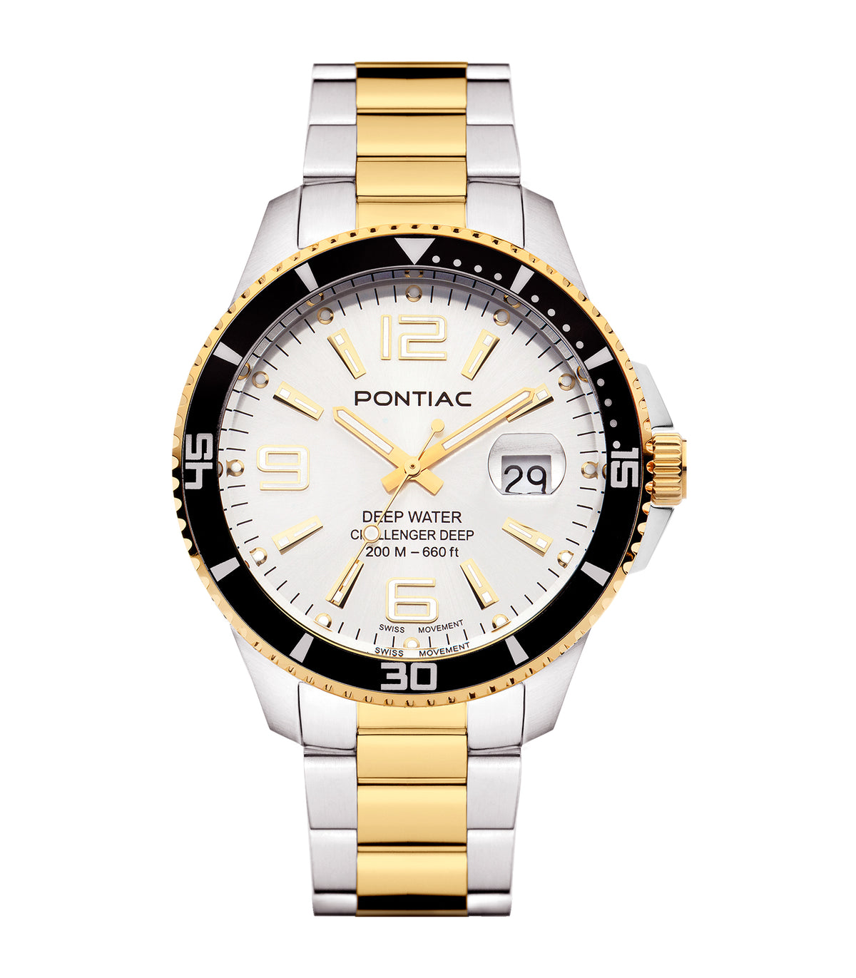 Pontiac - Deep Water - Man - Bracelet Acier / Or Jaune - Cadran Blanc - Boitier Argenté