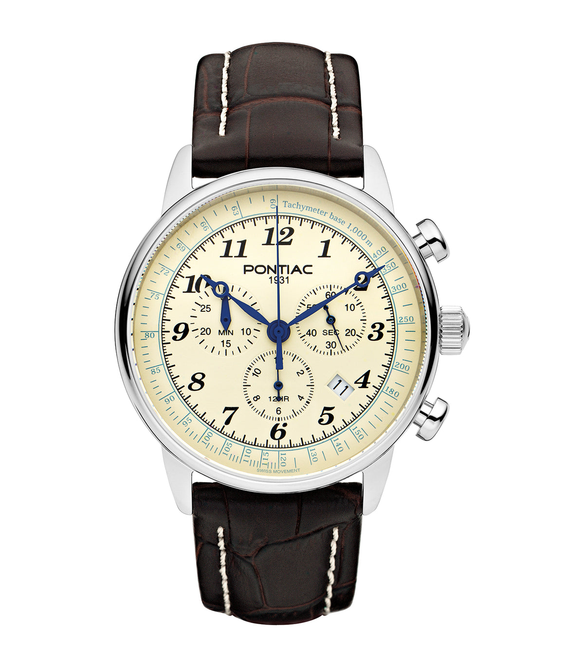 Pontiac - Phoenix - Man - Bracelet Brun - Cadran Beige - Boitier Argenté