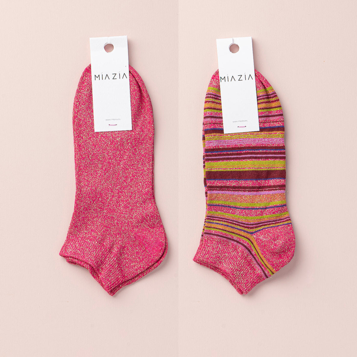 Mia Zia - Pack de 2 paires de chaussettes Sneakers Fushia glitter , uni + rayé