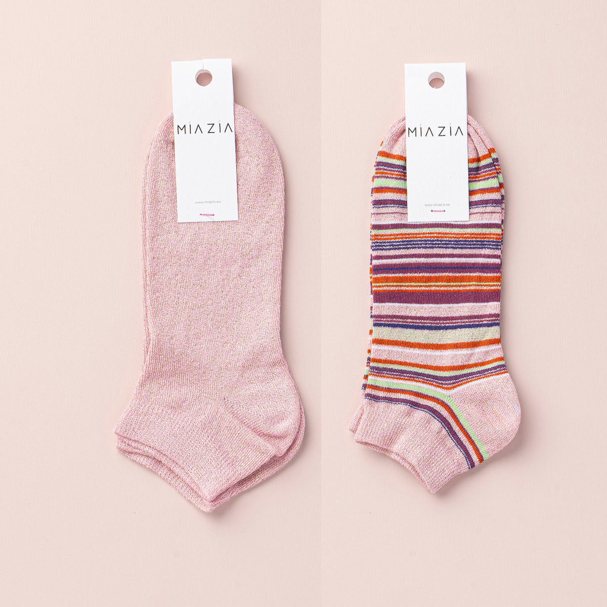 Mia Zia - Pack de 2 paires de chaussettes Sneakers Pink glitter , uni + rayé