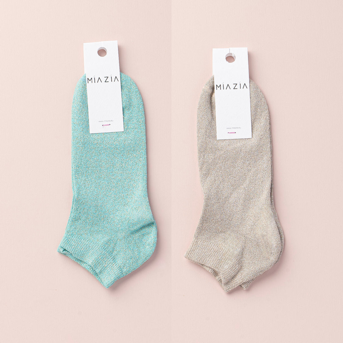 Mia Zia - Pack de 2 paires de chaussettes Sneakers glitter Aqua & Beige