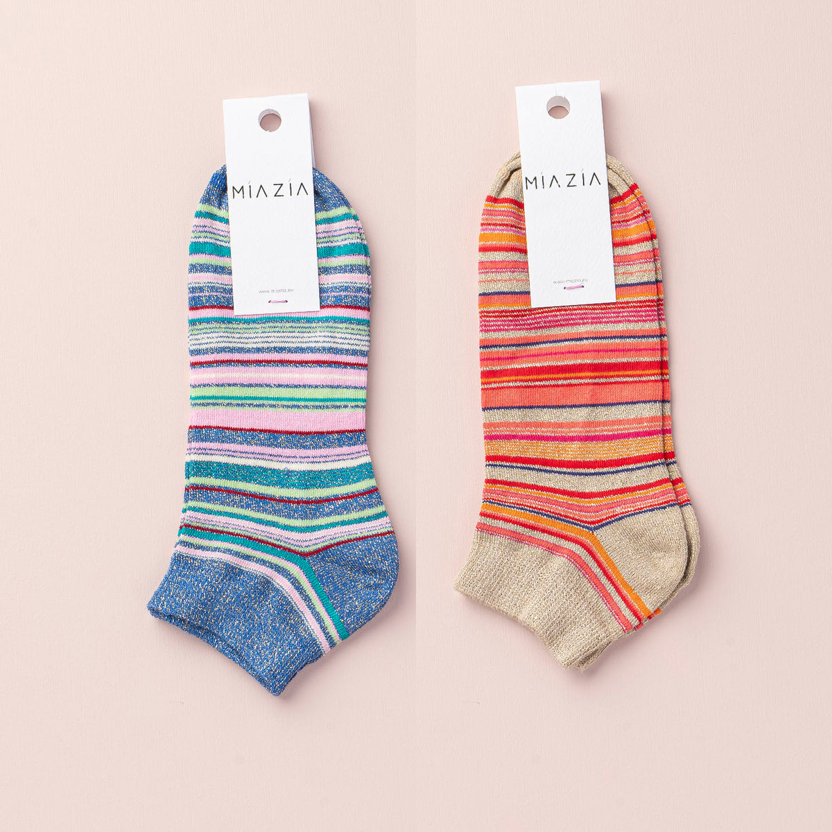Mia Zia - Pack de 2 paires de chaussettes Sneakers glitter rayé :Beige &  Blue 
