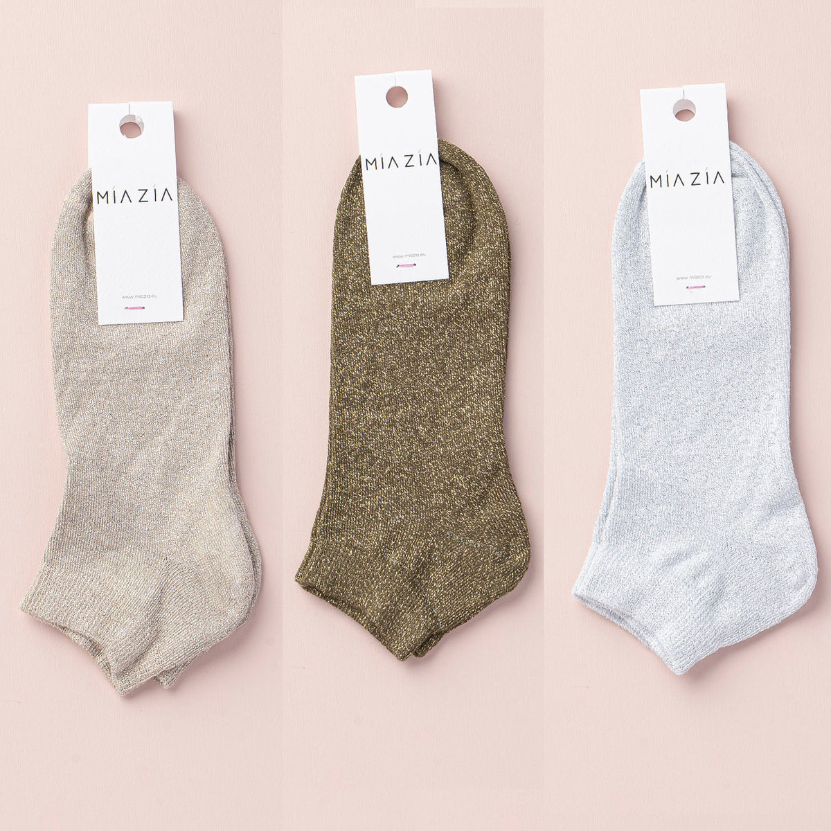 Mia Zia - Pack de 3 paires de chaussettes Sneakers glitter Beige, Kaki & Light Grey