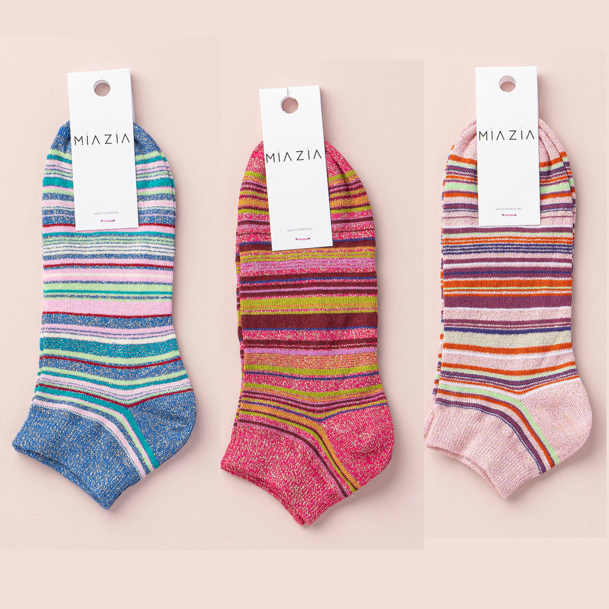 Mia Zia - Pack de 3 paires de chaussettes Sneakers glitter rayé : Blue , Pink & Fushia