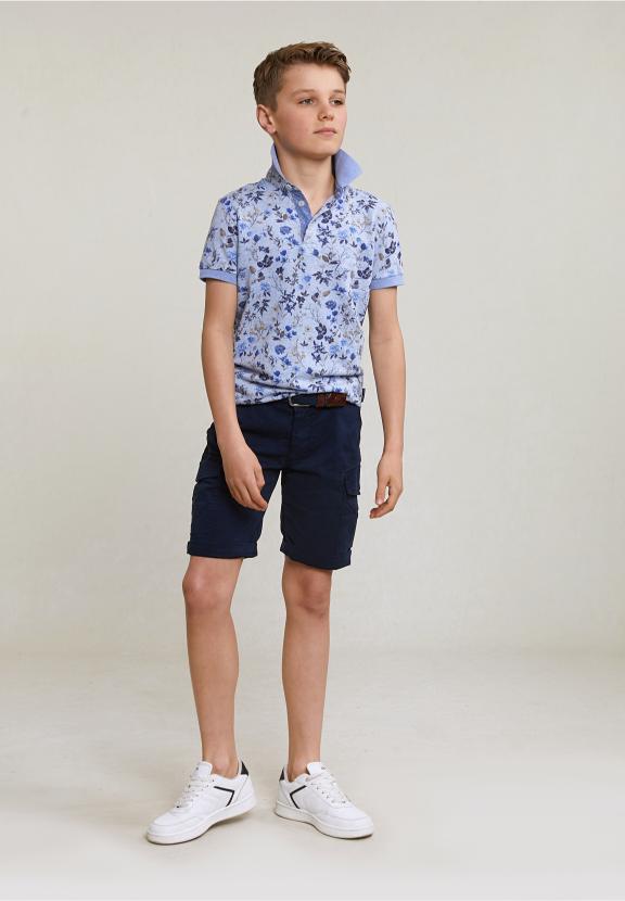 Custom Fit Cotton-Linen Floral Polo Chambray Mix - Bleu