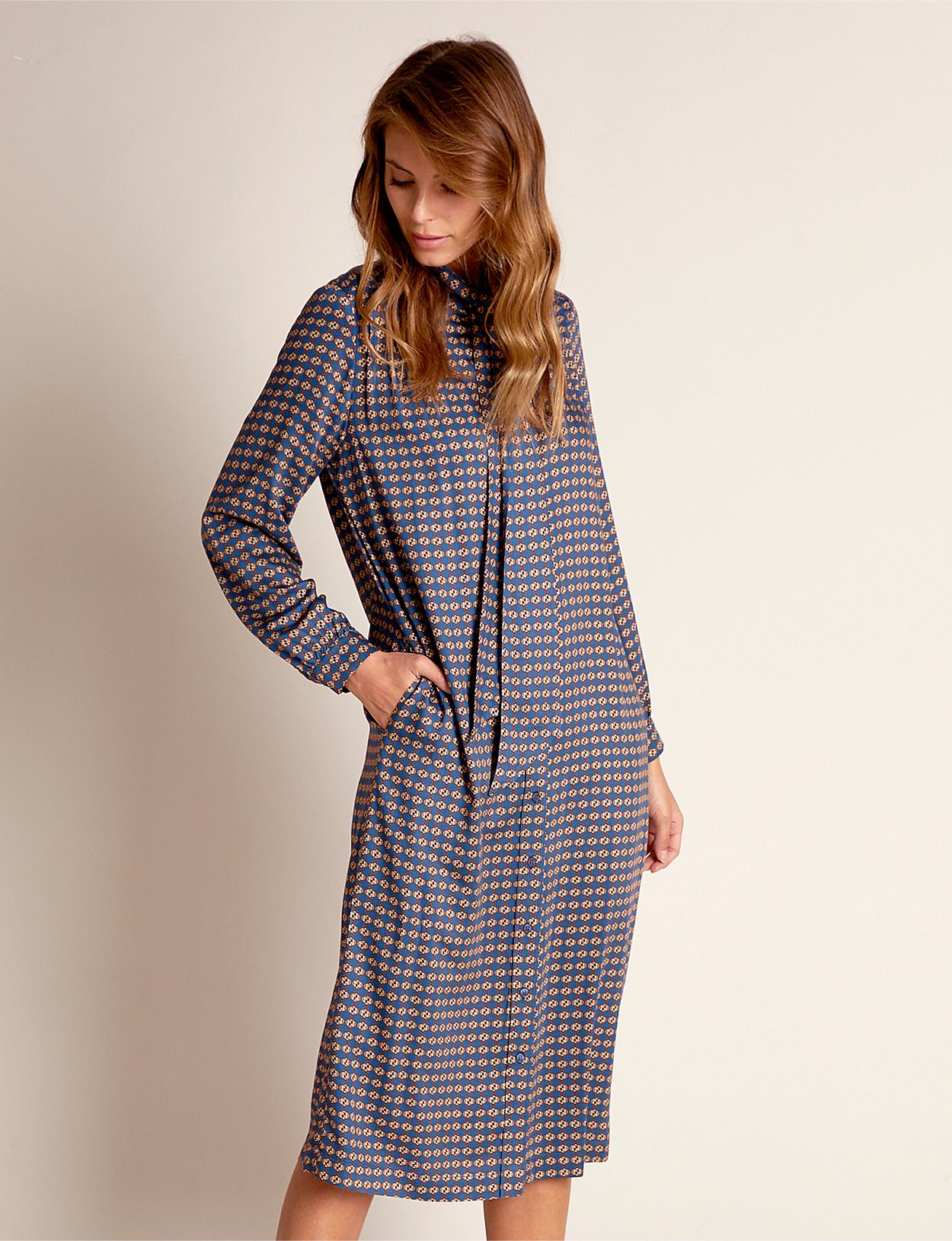 Viscose Mock Neck Shirt Dress In Blue - Bleu