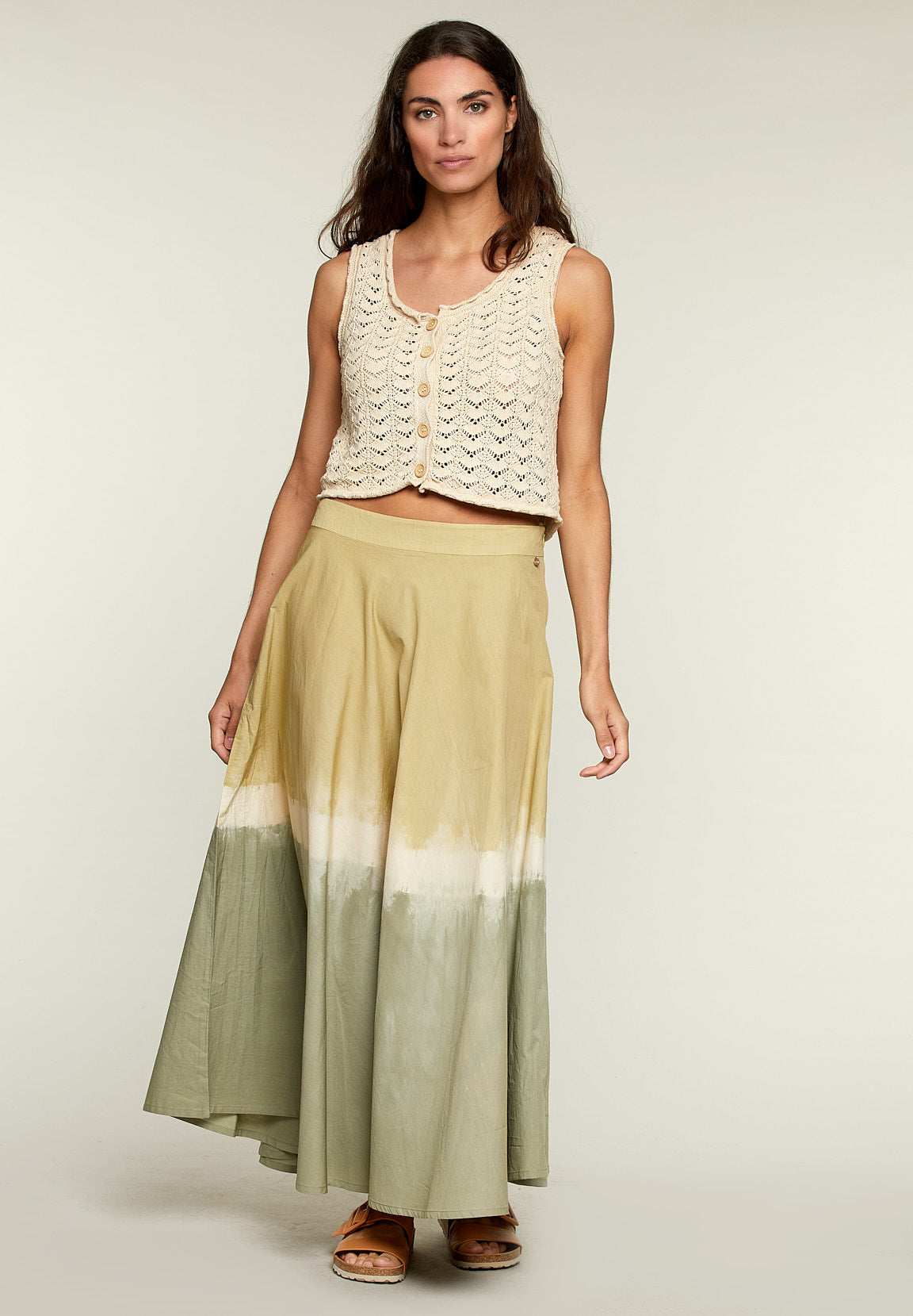 Long Tie & Dye Cotton Skirt - Green - W