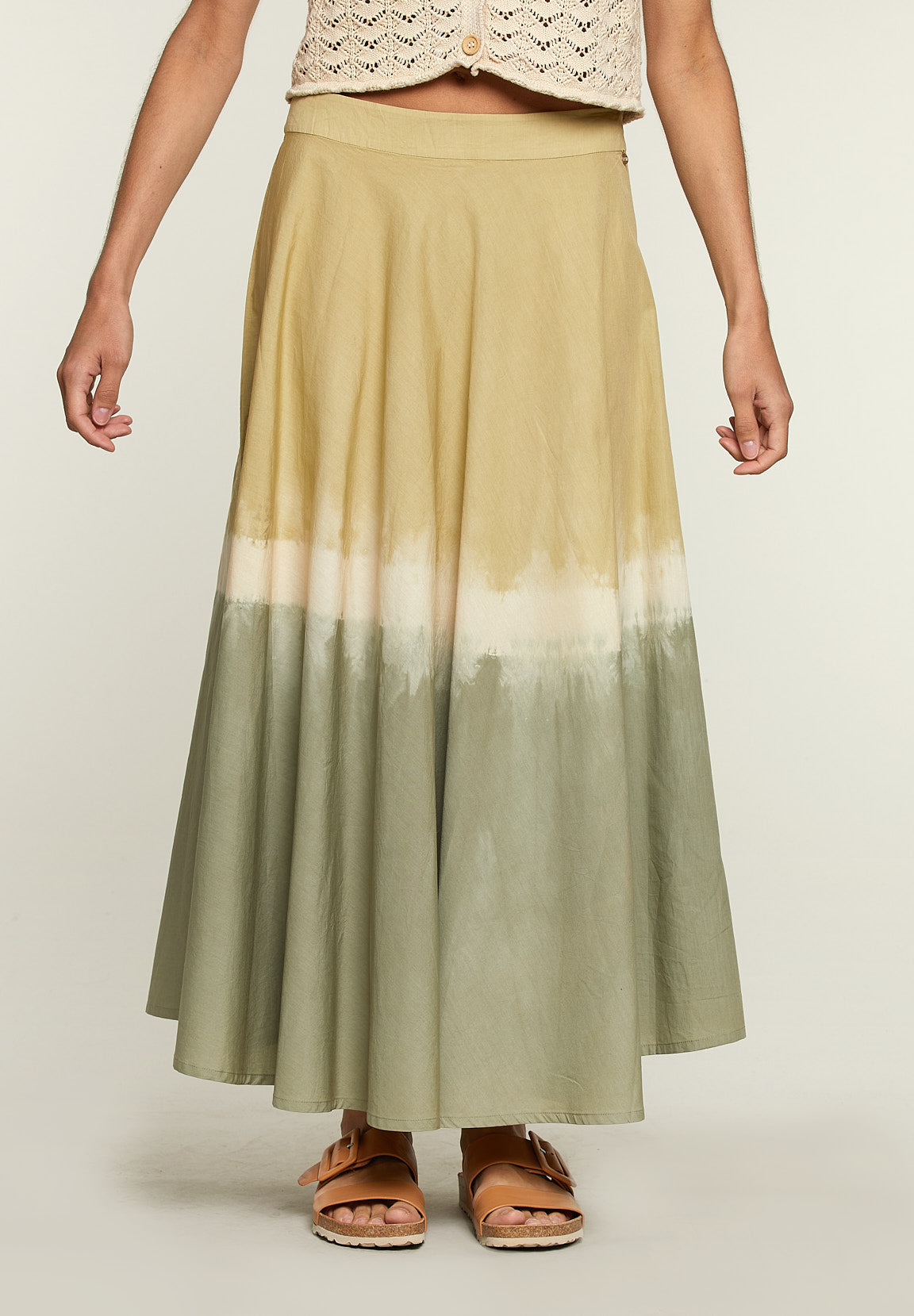 Long Tie & Dye Cotton Skirt - Green - W