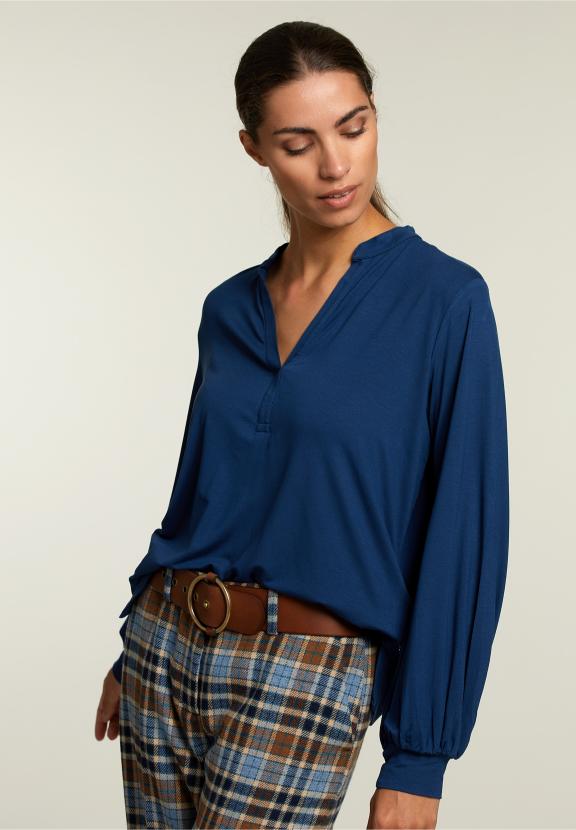 Blue V-Neck T-Shirt Balloon Sleeves - Bleu