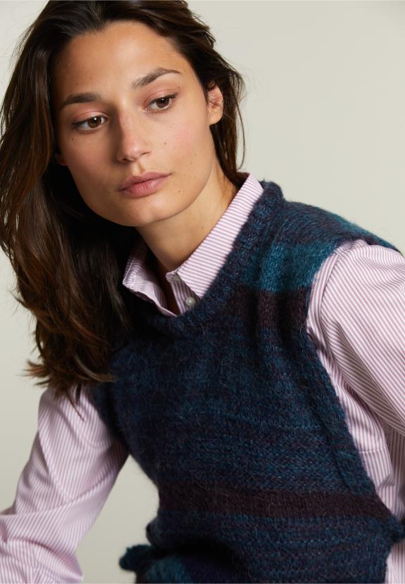 Burgundy/Blue Striped Crew Neck Spencer - Violet