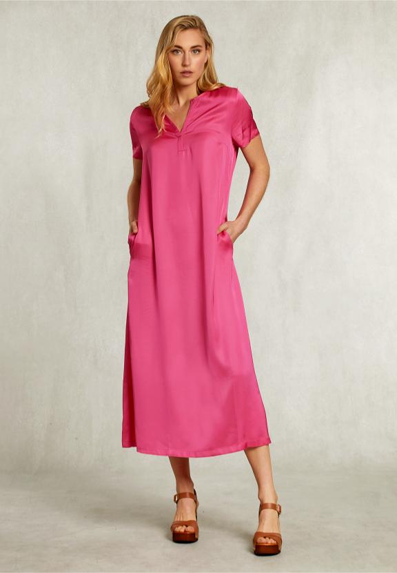 Fushia Long Straight V-Neck Dress - Rose