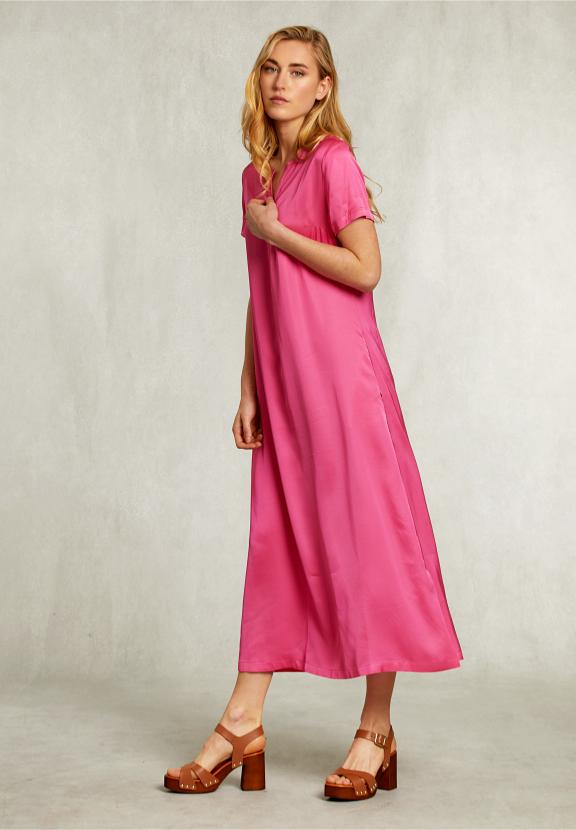Fushia Long Straight V-Neck Dress - Rose