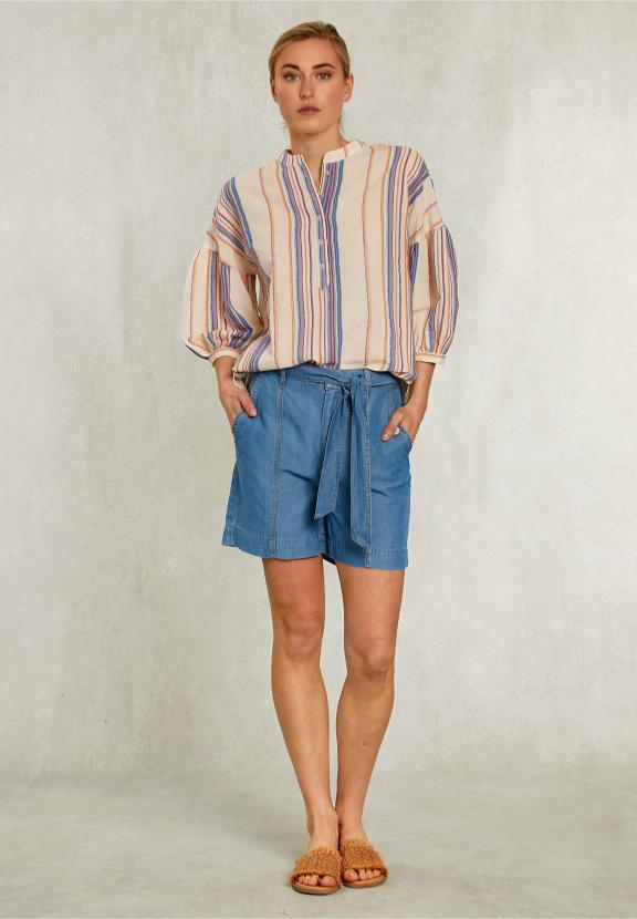 Blue Linen Short With Belt - Denim