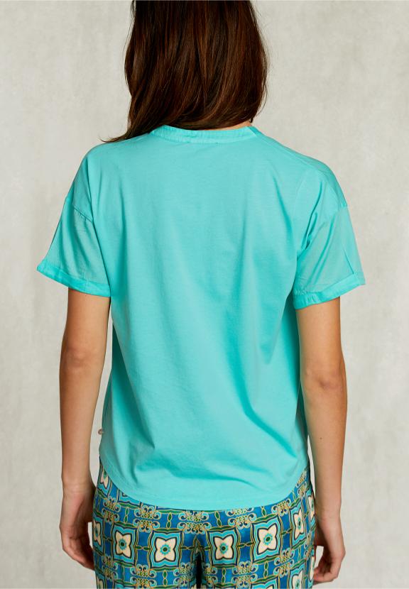 Turquoise V-Neck Blouse With Pocket - Vert