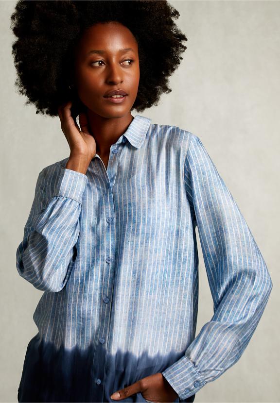 Blue/White Striped Tie-Dye Blouse - Bleu