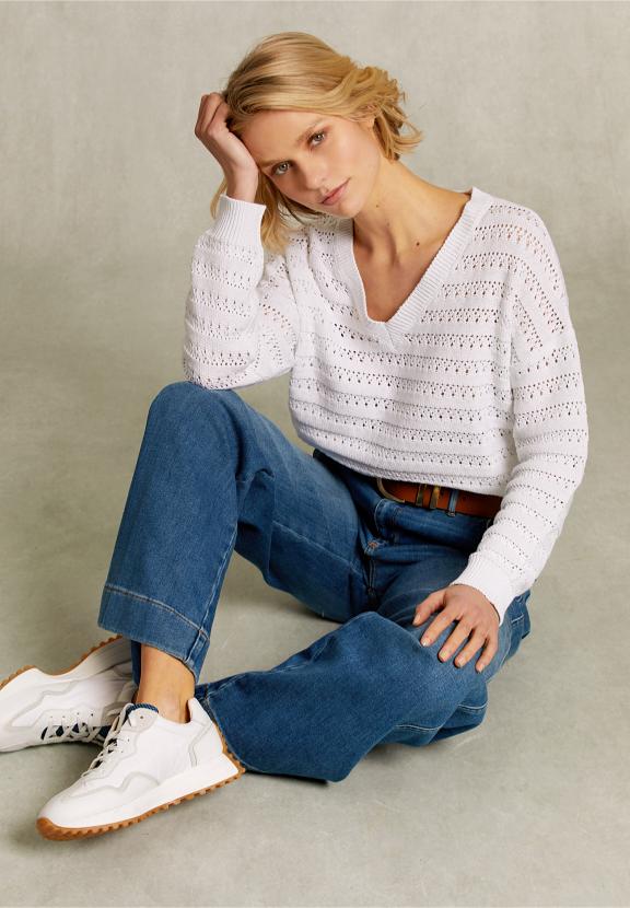 White Ajour V-Neck Sweater - Blanc
