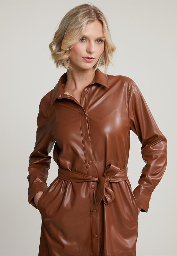 Brown Vegan Leather Belted Dress - Marron