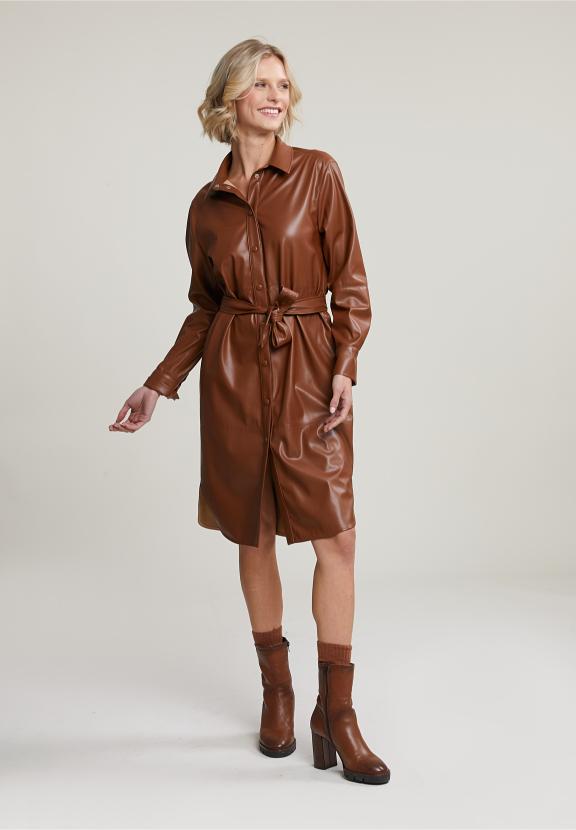Brown Vegan Leather Belted Dress - Marron