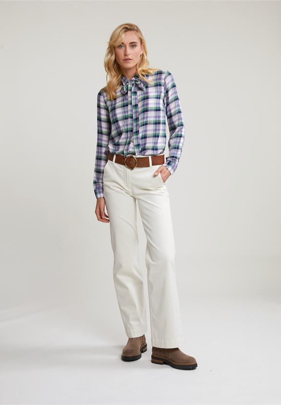 Green/Purple Checked Blouse Fancy Collar - Bleu