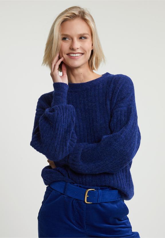 Blue Ribbed Crew Neck Sweater - Bleu
