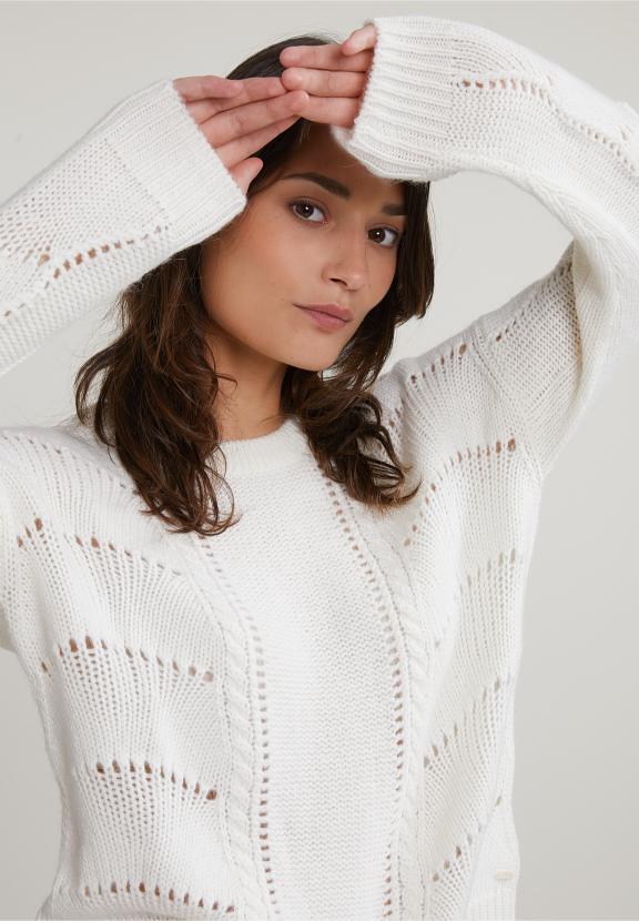 Off White Woolen Crew Neck Sweater - Blanc