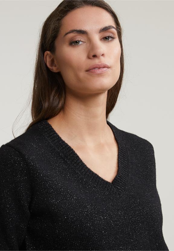 Black V-Neck Lurex Sweater Long Sleeves - Noir