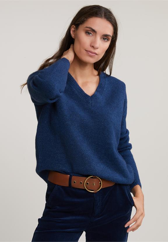 Blue V-Neck Lurex Sweater Long Sleeves - Bleu