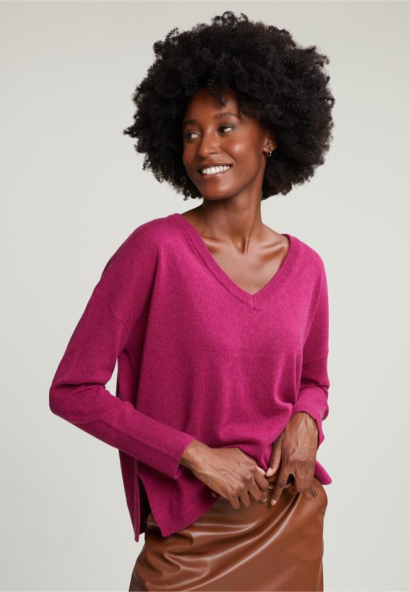 Magenta Basic V-Neck Sweater Long Sleeves - Violet