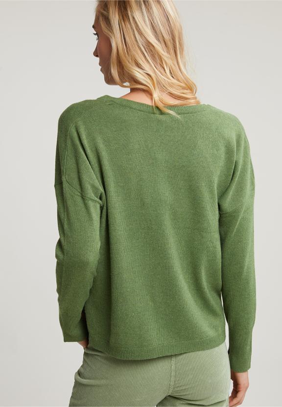 Khaki Basic V-Neck Sweater Long Sleeves - Vert