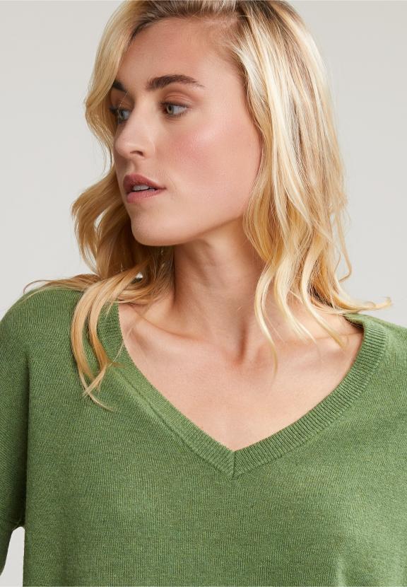 Khaki Basic V-Neck Sweater Long Sleeves - Vert