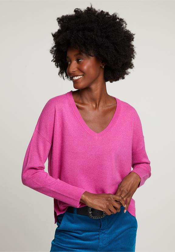 Pink Basic V-Neck Sweater Long Sleeves - Violet
