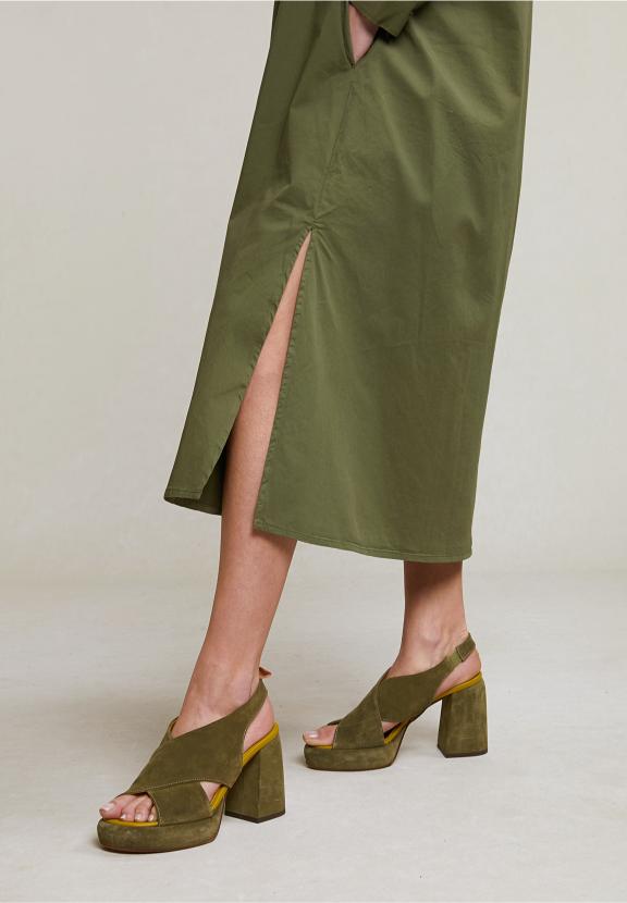 Khaki Long Loose Dress With Drawstring - Vert
