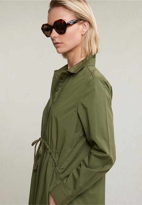 Khaki Long Loose Dress With Drawstring - Vert