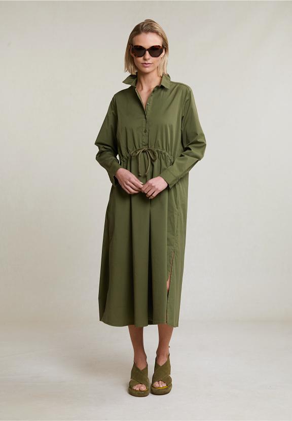 Khaki Long Loose Dress With Drawstring - Vert