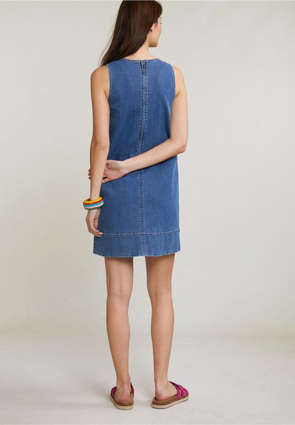Blue V-Neck Denim Dress 2 Pockets - Denim