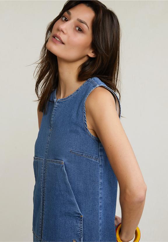 Blue V-Neck Denim Dress 2 Pockets - Denim